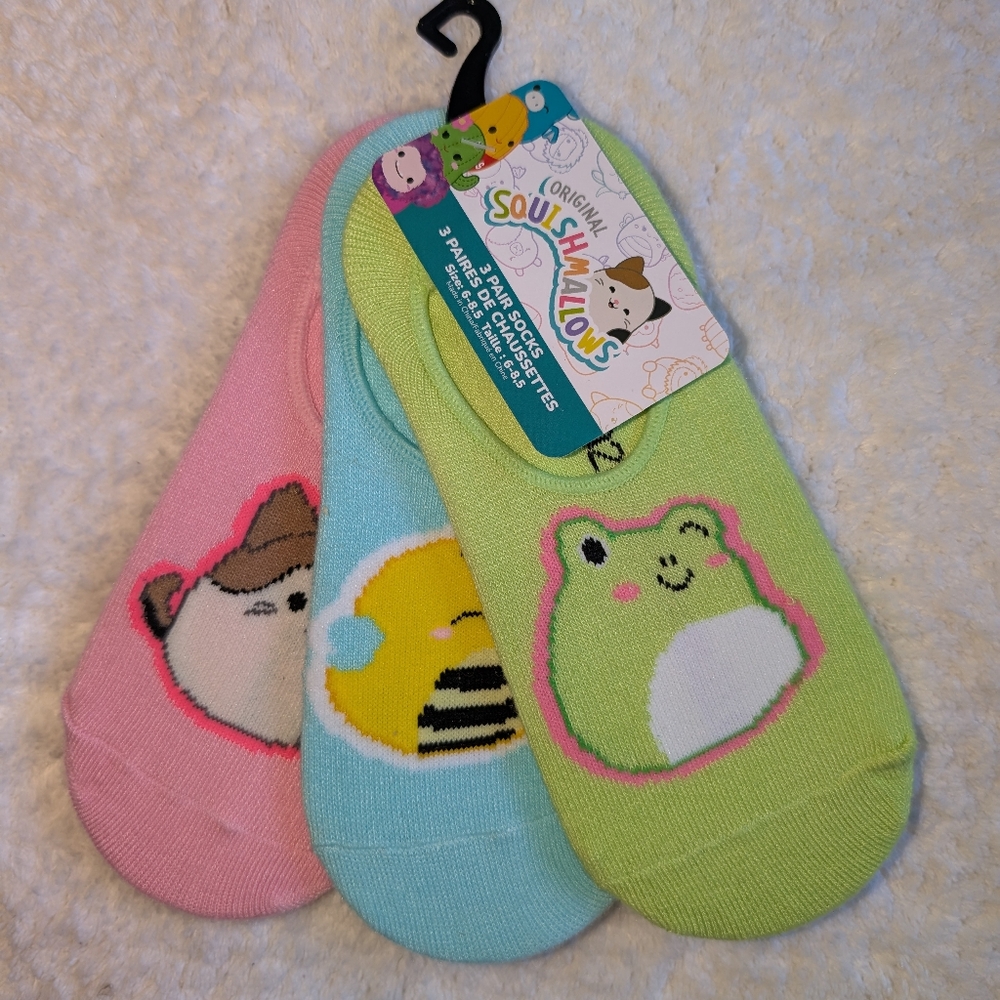 🆕 Squishmallows Socks Set 3 Pair Pack Frog Bumblebee Kitty Girls 6-8.5 Women 🐸